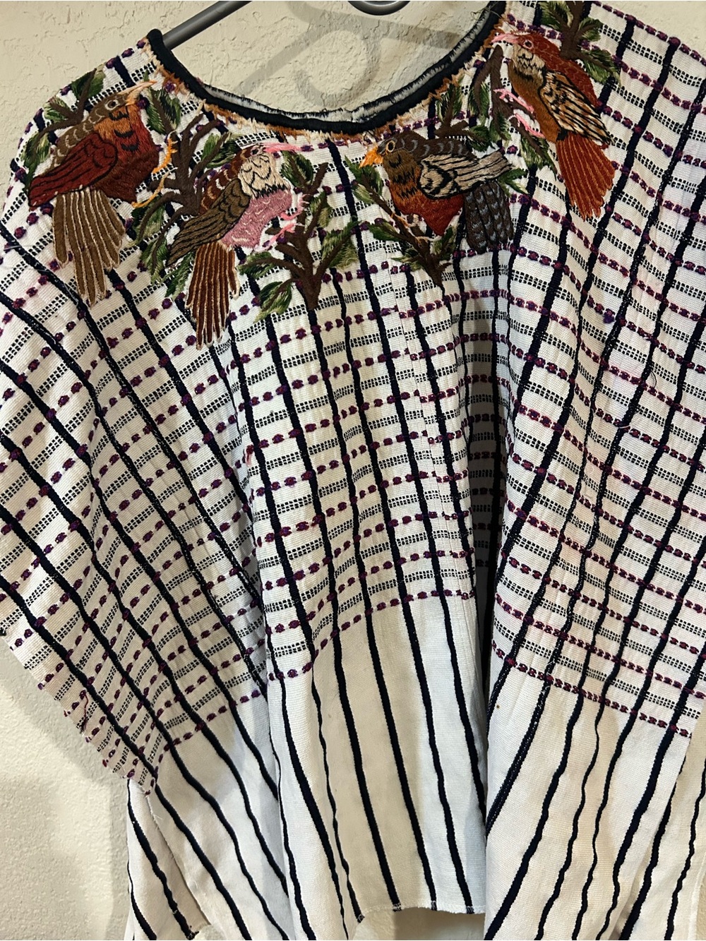 Embroidered White & Black Striped Men’s Shirt with Multicolor Bird Accent - Picture 3 of 3
